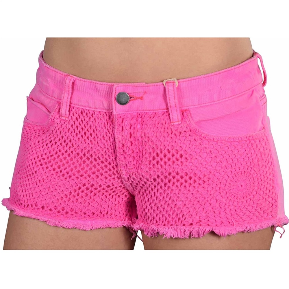 Billabong Neon Pink Crochet-Front Jean Shorts